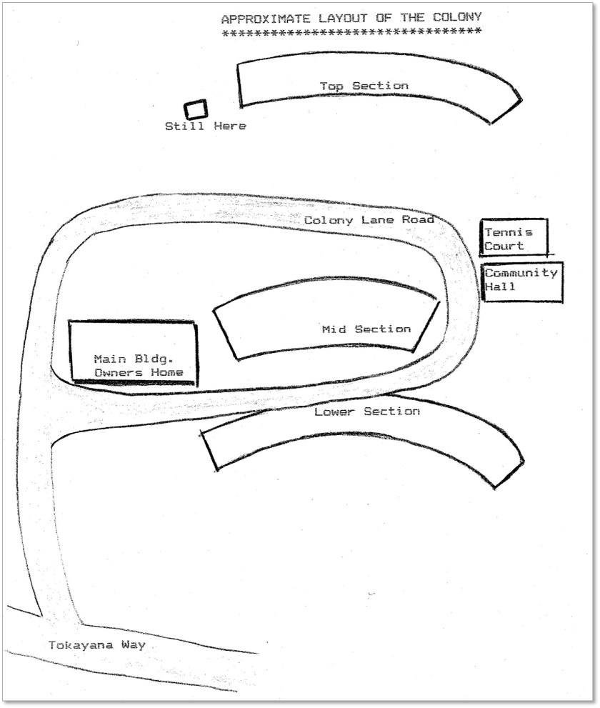 A hand-drawn diagram of The Colony, showing locations of roads and main buildings. 