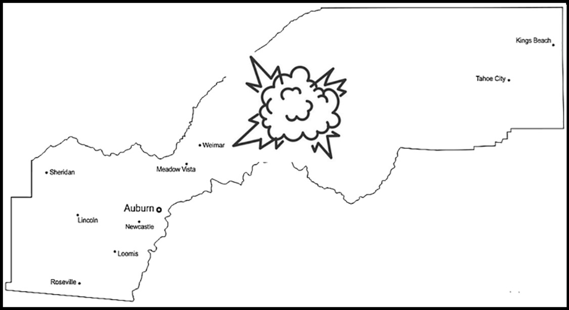 This outline map of Placer County's border has a cartoon explosion located in Iowa Hill, representing the epicenter of the 1855 proposal to divide Placer County and have Iowa Hill be the capital of the new eastern county.