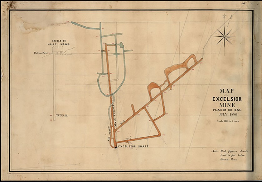 Map image showing the Excelsior Mine Drift Tunnels and Shaft, 1880.